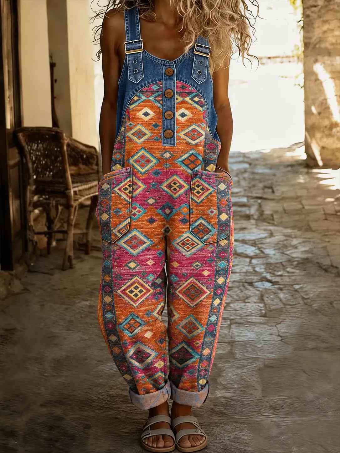 Geometric Tribal Print Denim Overalls