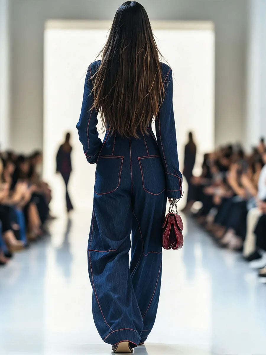 Casual Loose Retro Red Topstitched Denim Wide Leg Long Sleeve Jumpsuit
