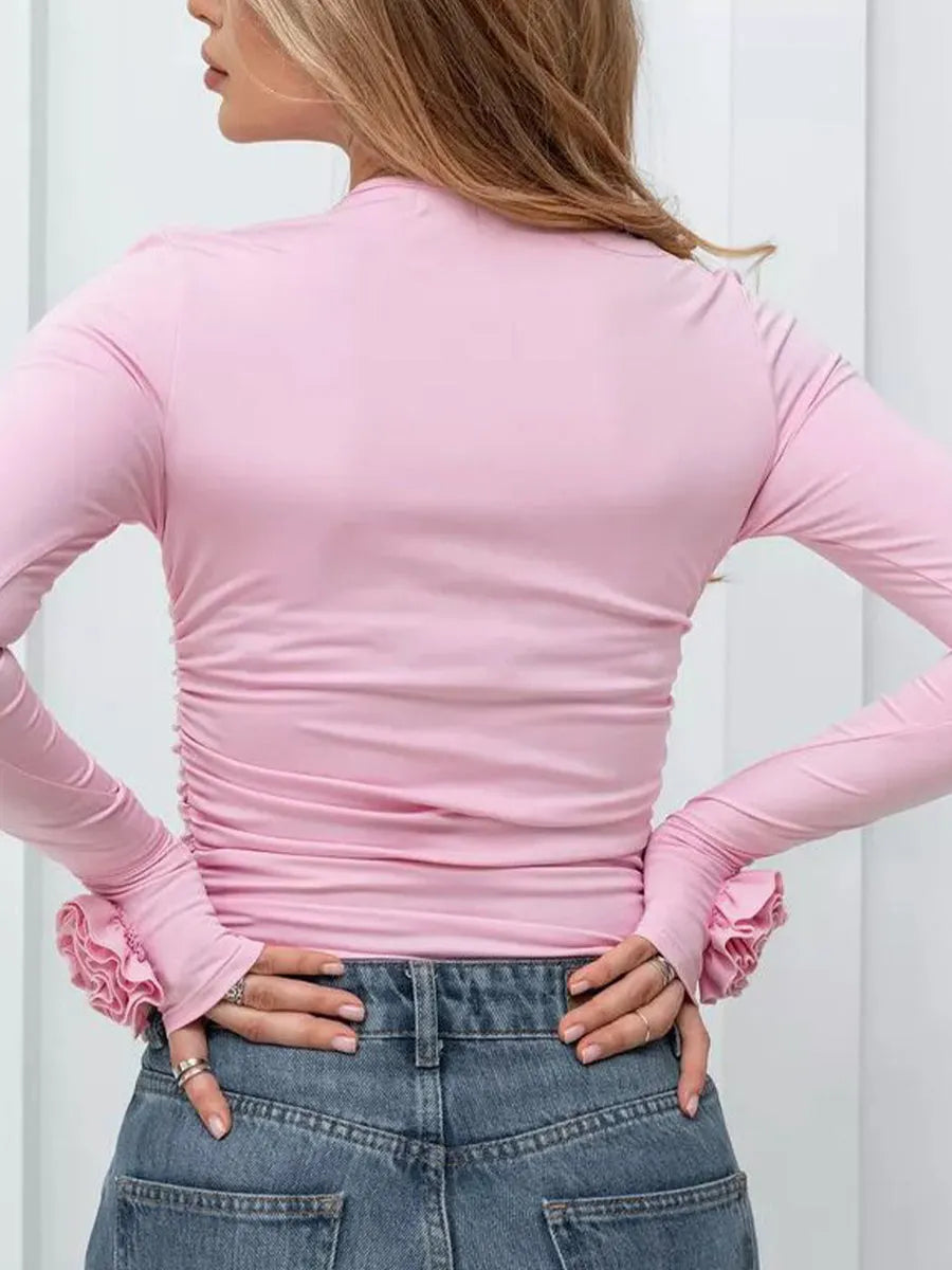 Slim-fit Stretch Knit Top Featuring 3d Floral Embellishments On The Cuffs