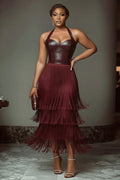 Halter PU Leather Panel Fringe Hem Party Maxi Dresses-Burgundy