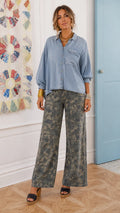 Denim Cropped Shirt & Camo Wide Leg Pants Set