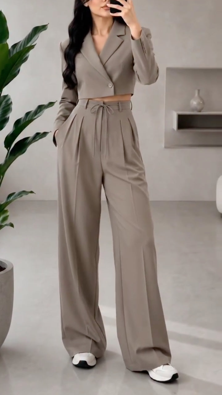 Khaki Cropped Blazer & High Waist Wide Leg Pant 2 Piece Set