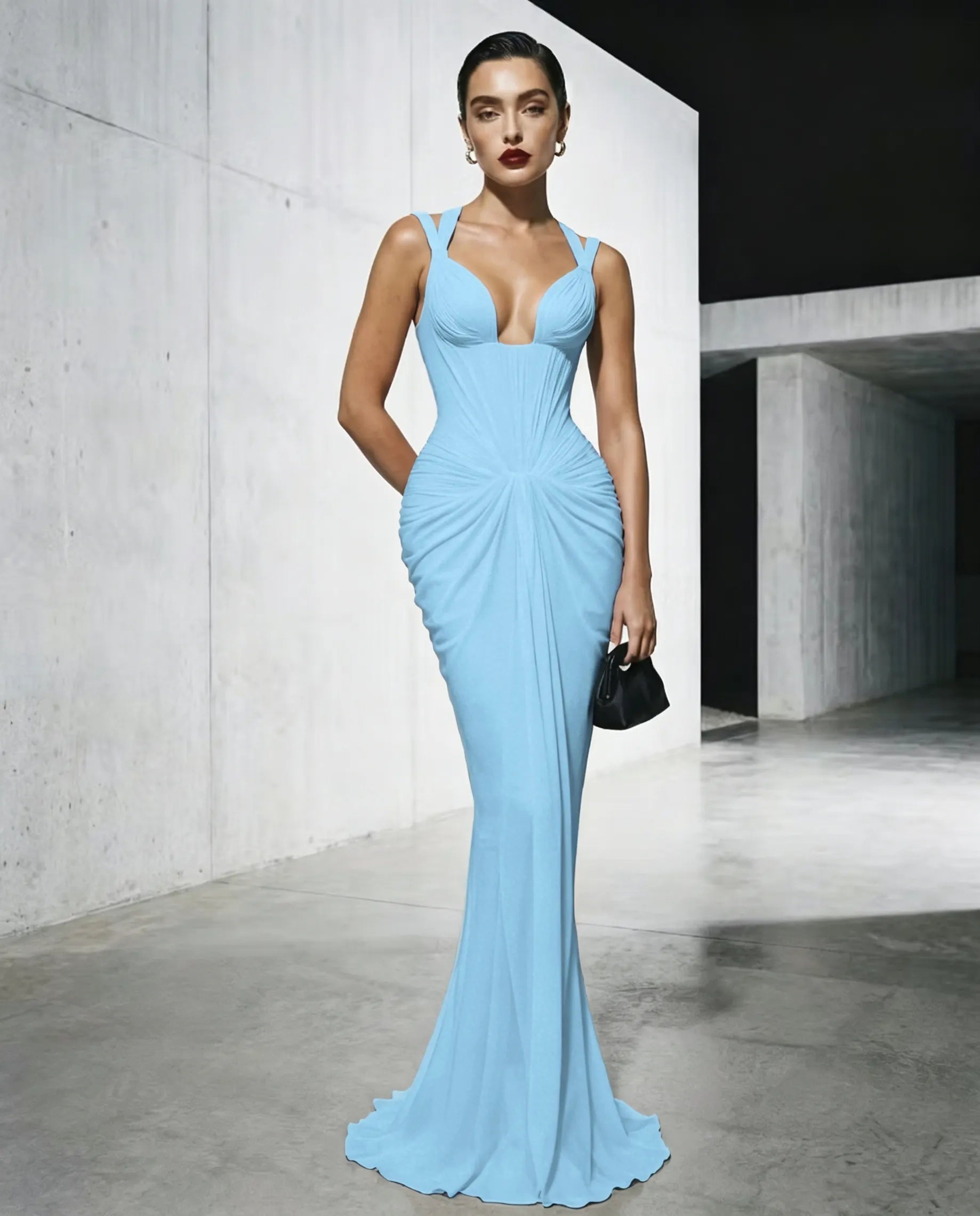 Cocoslly Spaghetti Straps Sleeveless High Waist Long Mermaid Prom Dress With Pleated | Red Satin LX0112