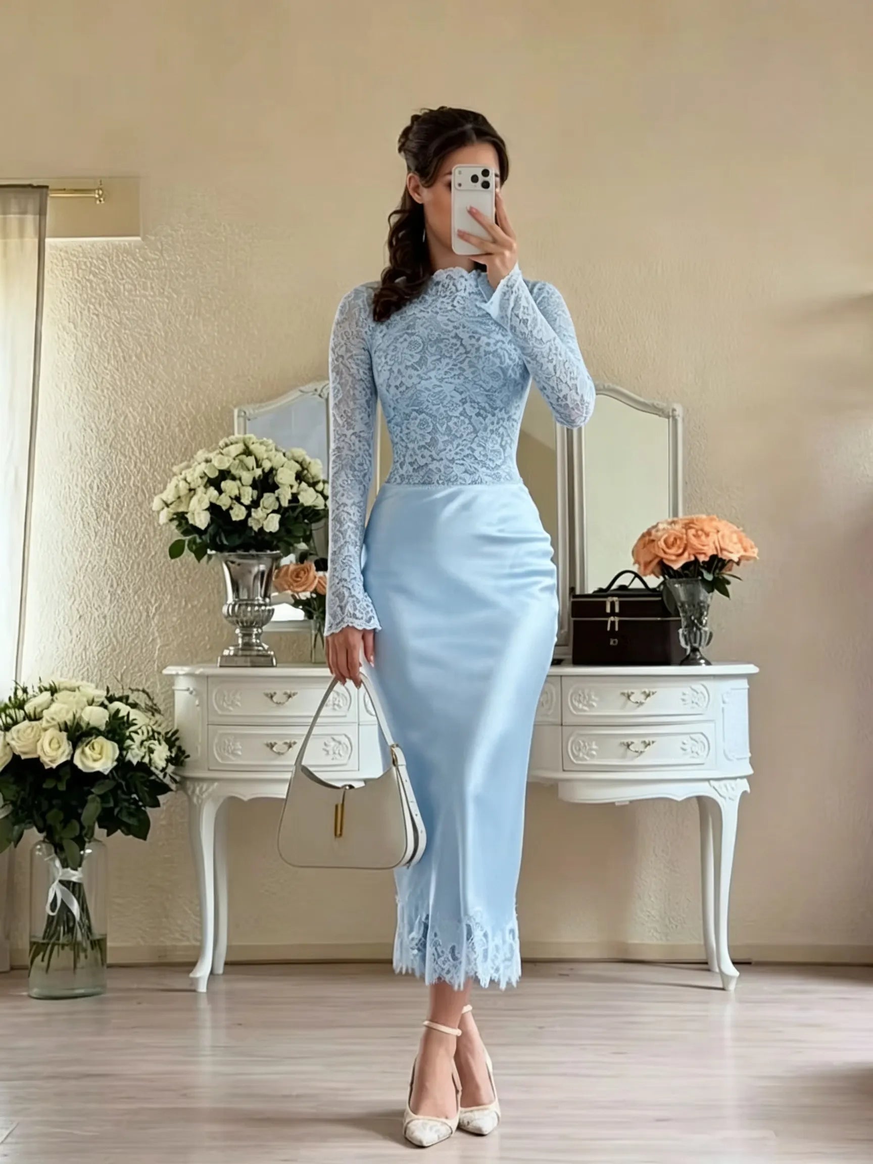 Cocoslly Long Sleeves High Waist Long Mermaid Prom Dress | White Lace And Satin JZ0165