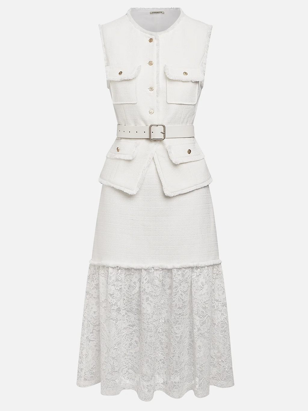Women White Buckle Lace Crew Neck Tweed Sleeveless Dressy Top With Skirt Two-Piece Set