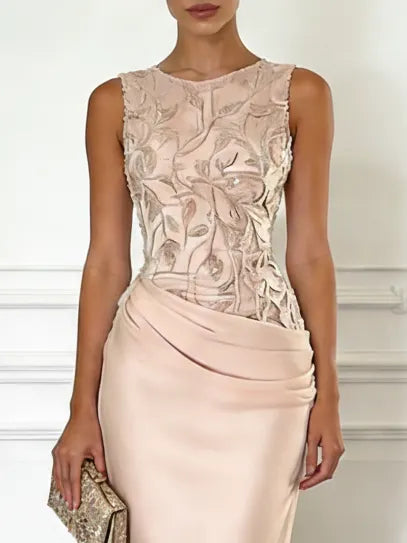 Light Pink Embroidery Satin Crew Neck Sleeveless Sheath Gown Dress
