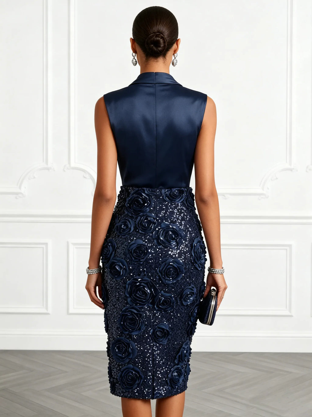 Purplish Blue 3D Floral Glitter Classic V Neck Sleeveless Sheath Midi Dress