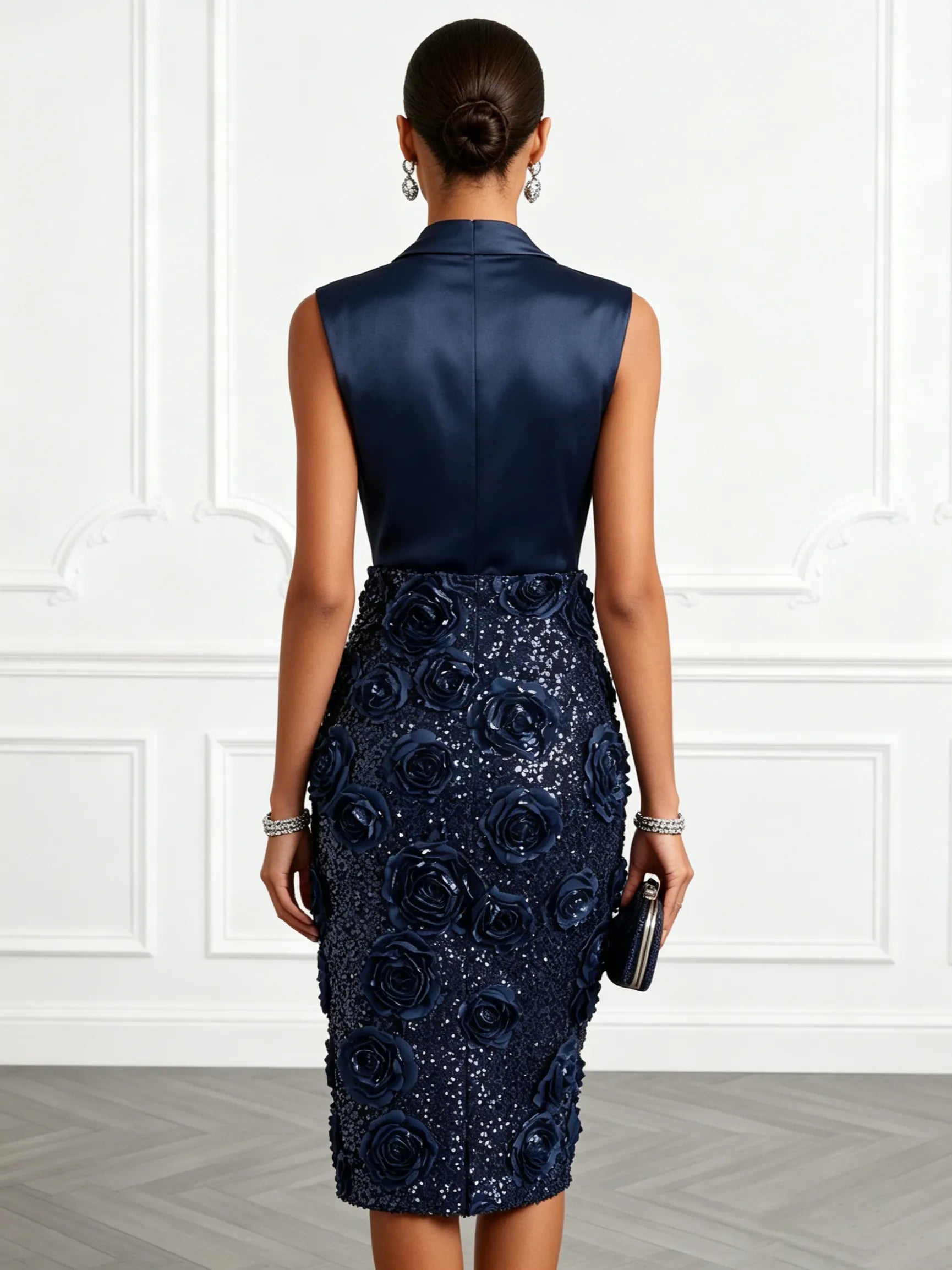 Purplish Blue 3D Floral Glitter Classic V Neck Sleeveless Sheath Midi Dress