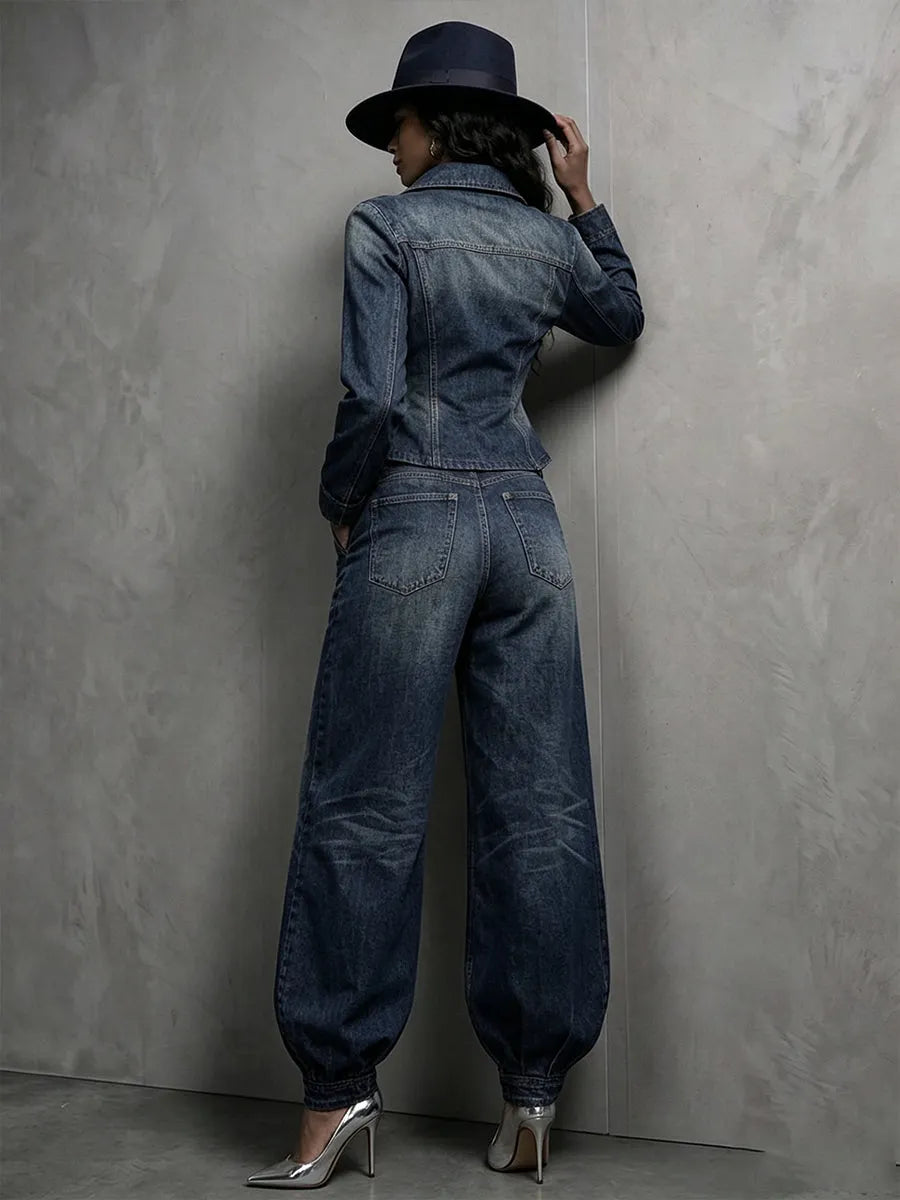 Chic Washed Denim Double-Breasted Peplum Blazer