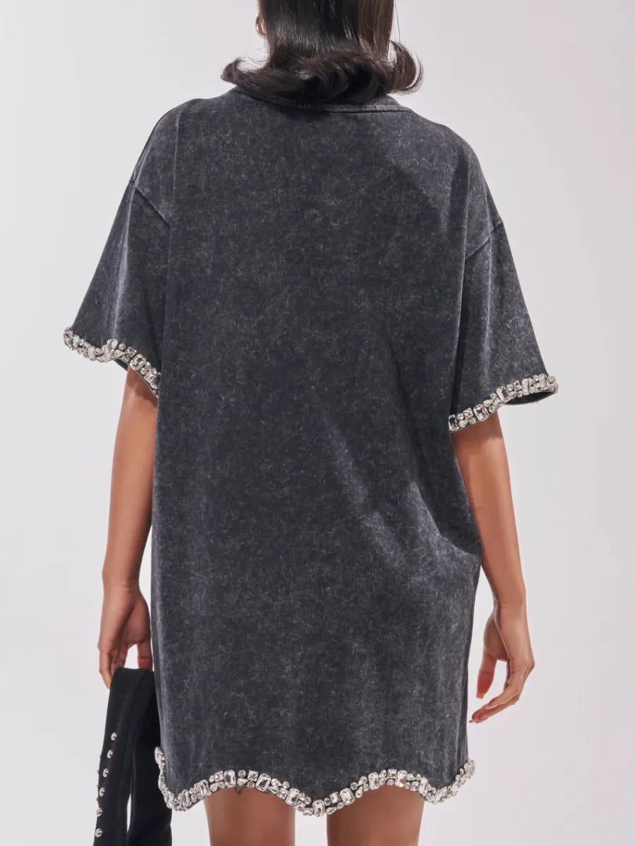 Rhinestone Trim Washed T‑Shirt Mini Dress