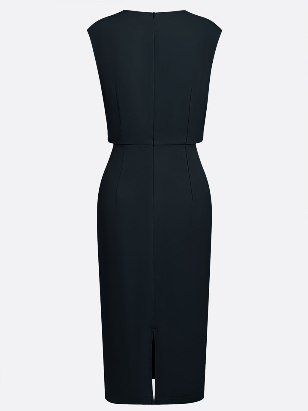Black Ruched Cut Out Classic Crew Neck Cap Sleeve Sheath Midi Dress