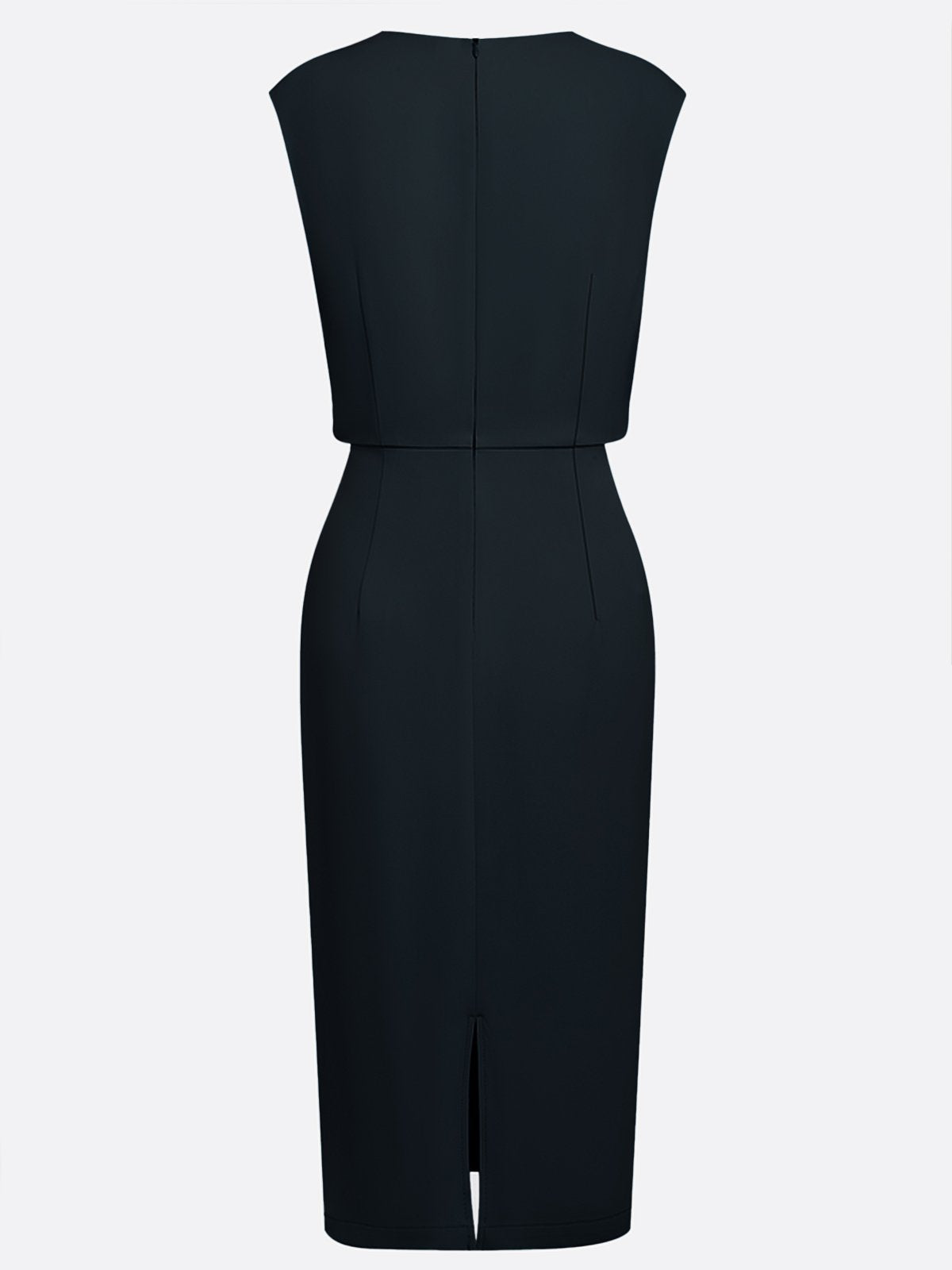 Black Ruched Cut Out Classic Crew Neck Cap Sleeve Sheath Midi Dress