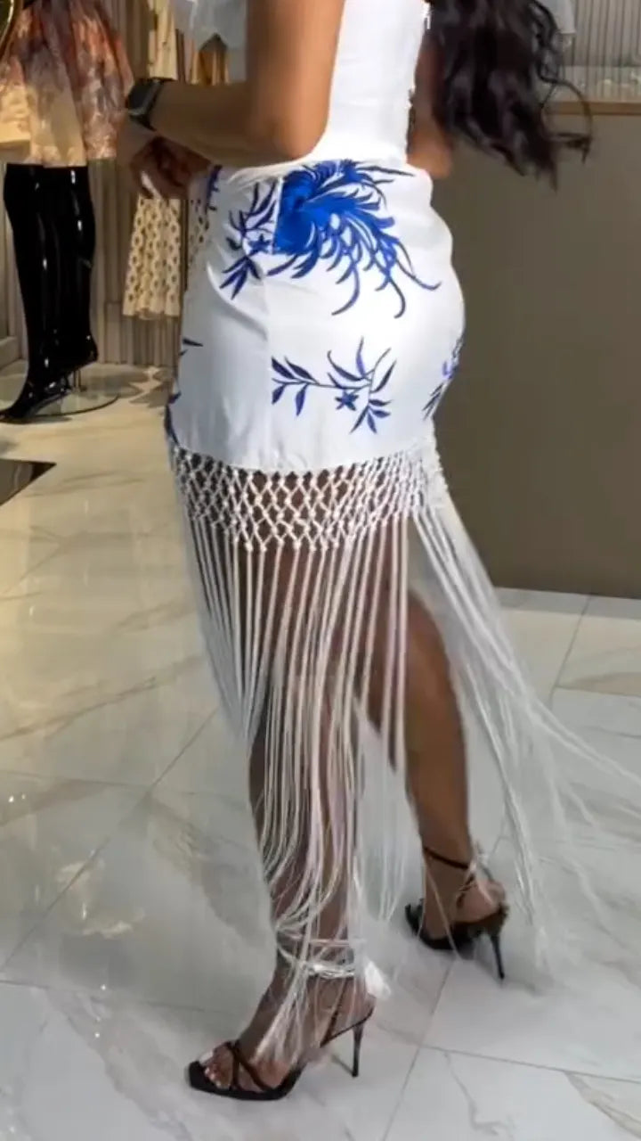 Blue Leaf Print Fringe Wrap Skirt