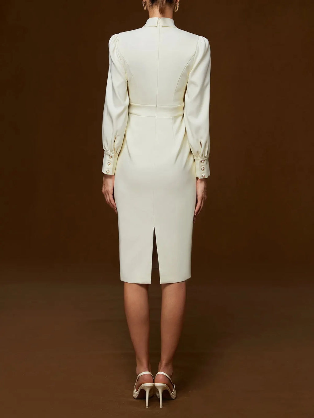 Off White Bow Classic Crew Neck Long Sleeve Sheath Midi Dress