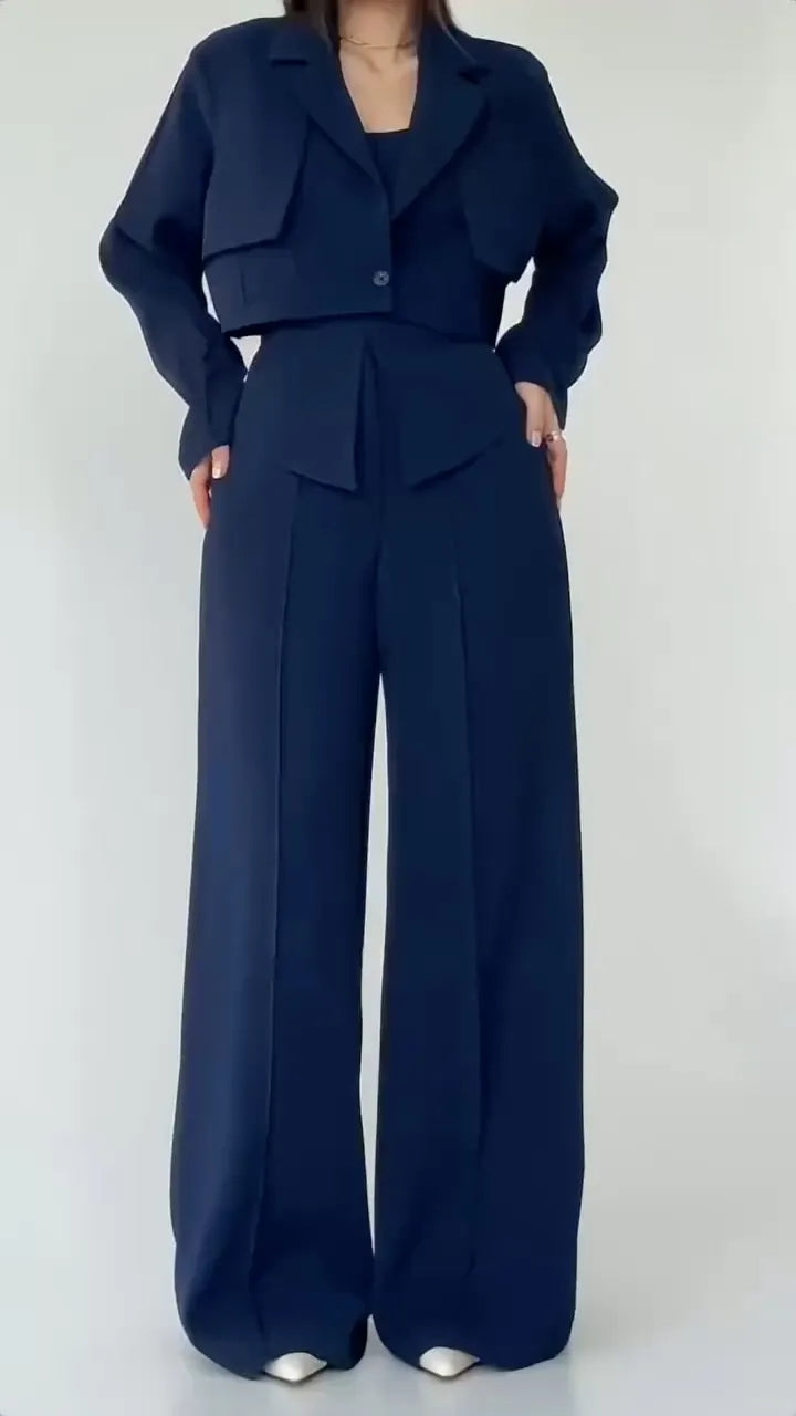 Taupe Cropped Blazer Two‑Piece Pants Set