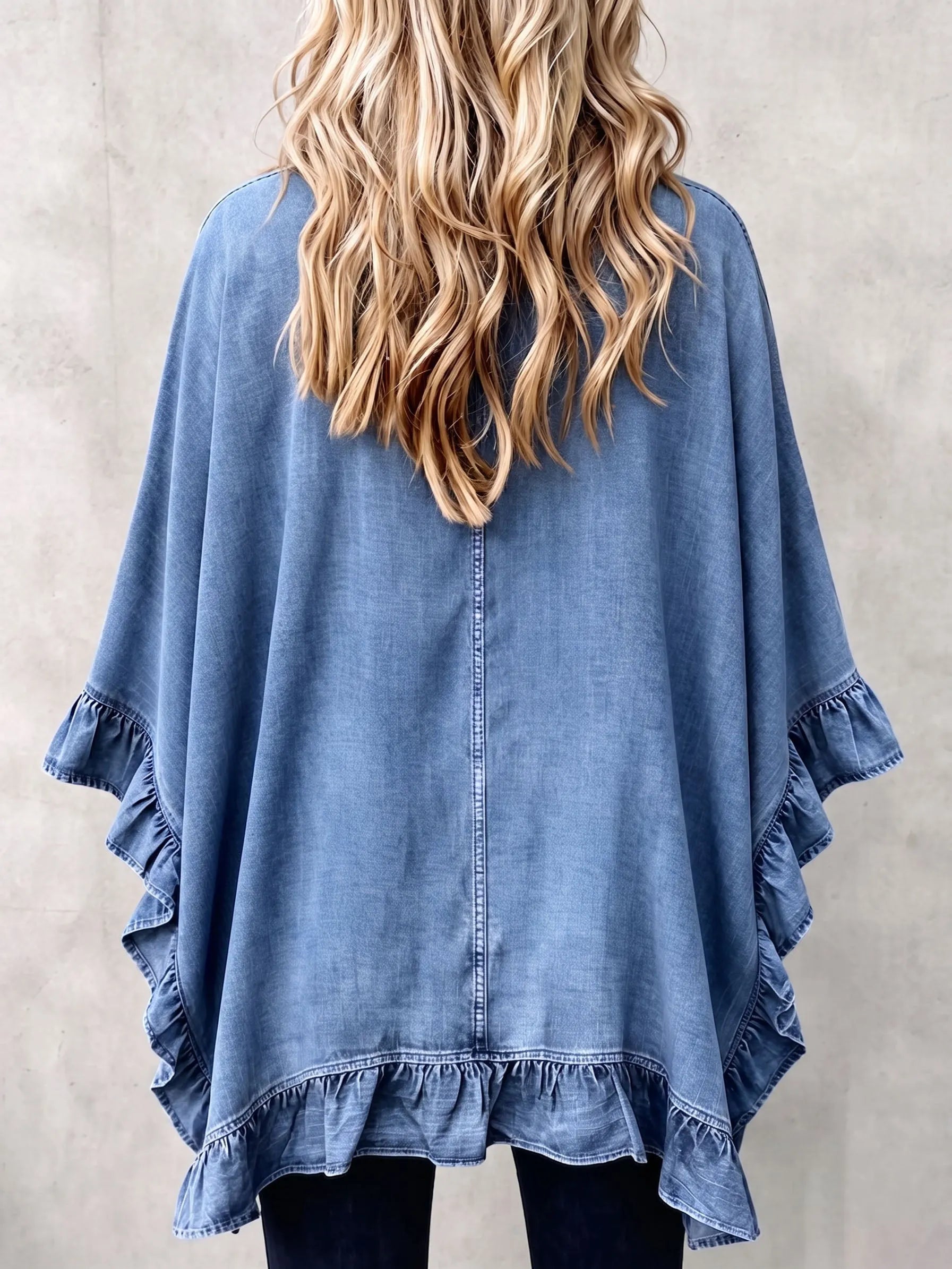 Chic Boho Denim Ruffle Trim Cardigan