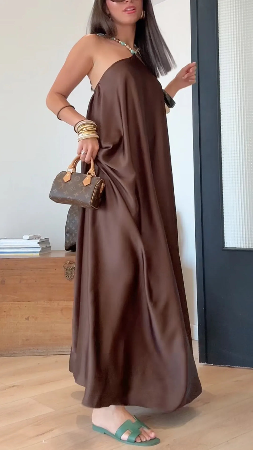 Halter Satin Flowy Maxi Dress