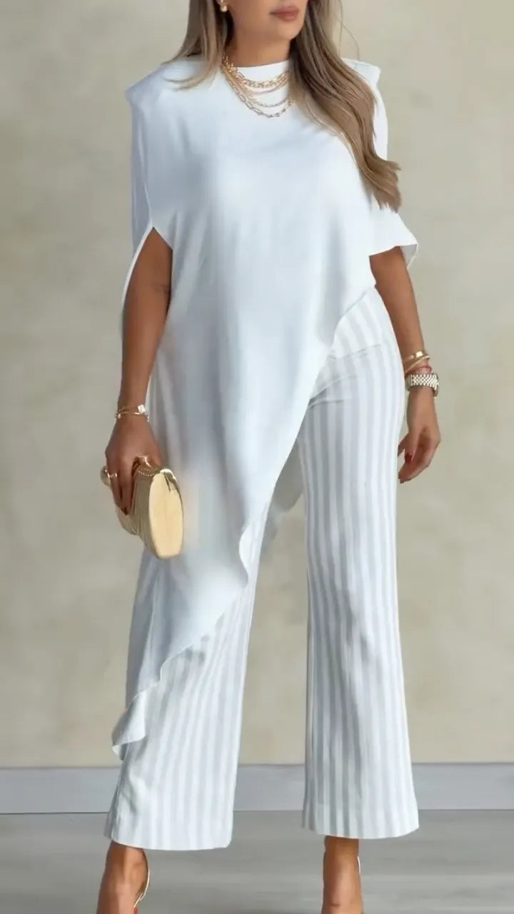 Asymmetric Cape Top & Striped Pants Set