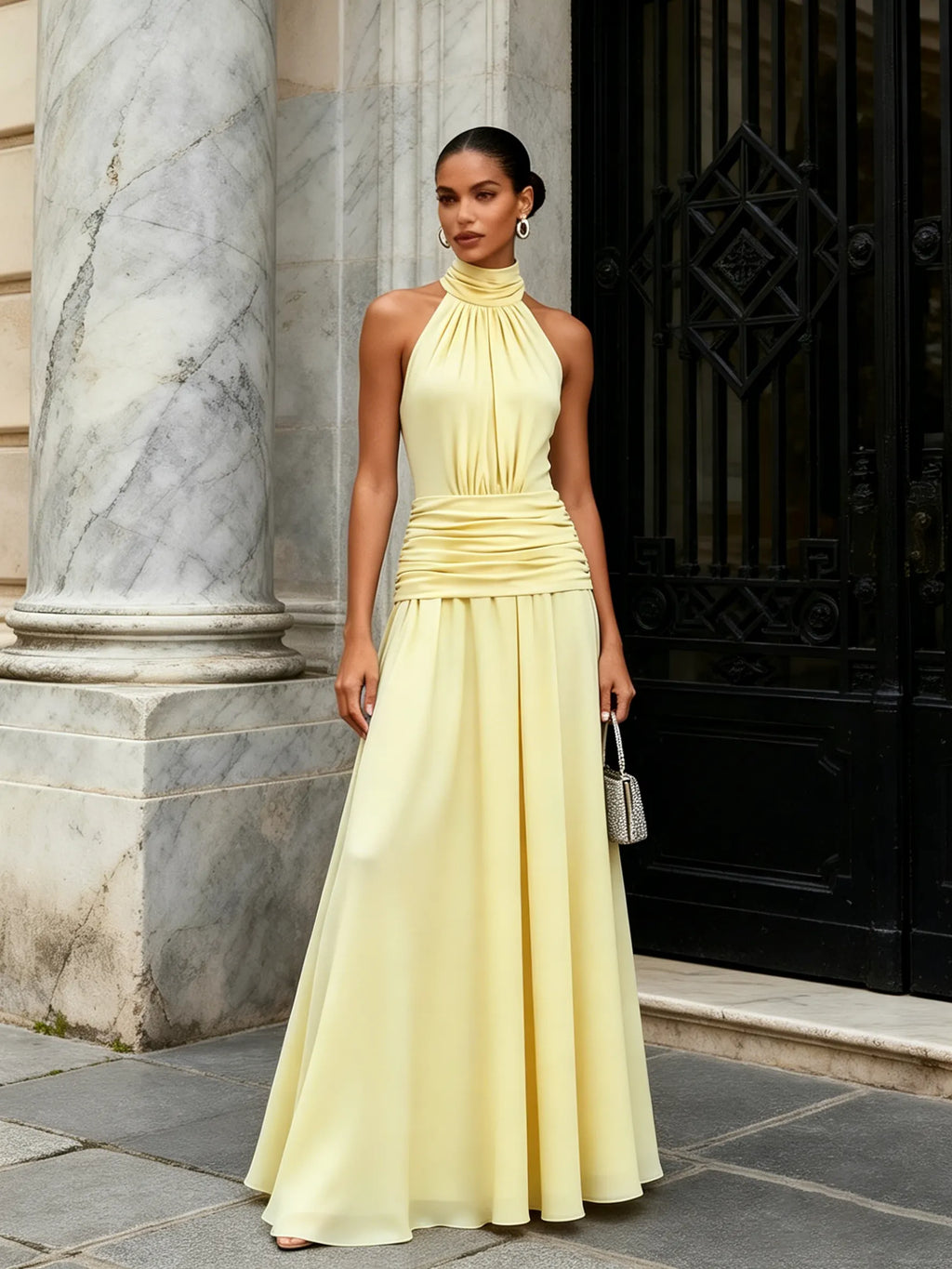 Yellow Ruched Chiffon Halter Neck Sleeveless A-Line  Gown Dress