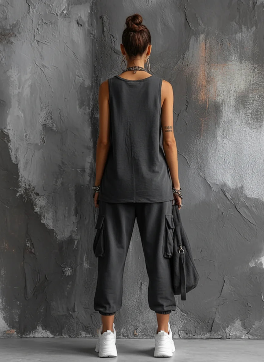 Dark Grey Sleeveless Top & Cargo Jogger Set