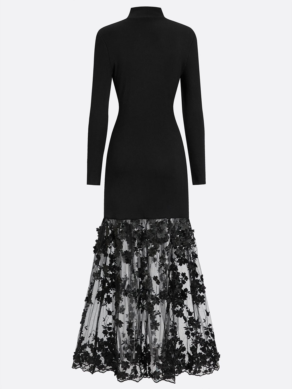 Black Mesh Floral Knit Mock Neck Long Sleeve A-Line Maxi Dress