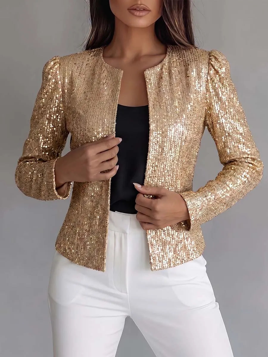 Women's Solid Color Round Neck Long Sleeve Casual Loose Sequin Cardigan