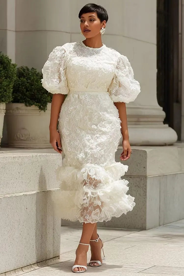 White Lace Puff‑Sleeve Midi Dress