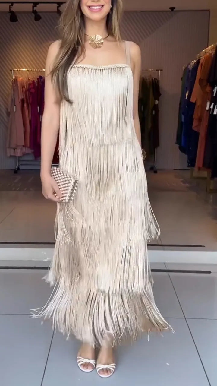Women Spaghetti Strap Patchwork Tassel Elegant Temperament Dress