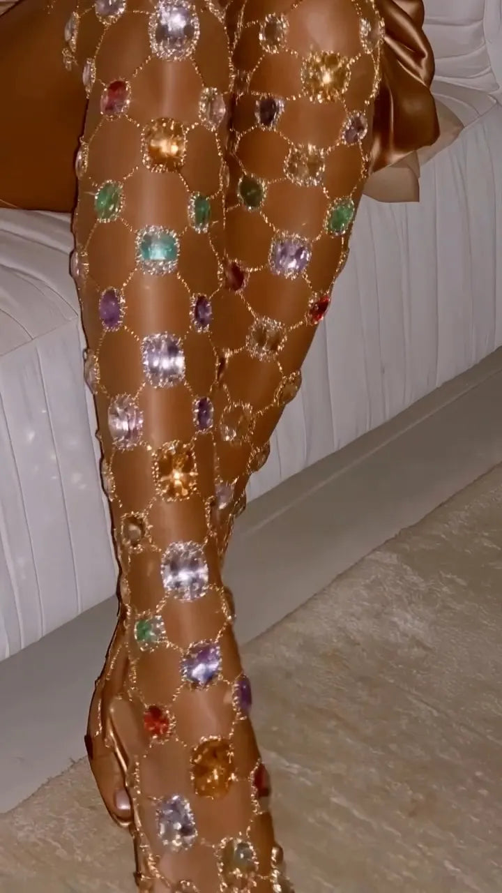 Multicolor Gem Rhinestone Thigh High Heeled Boots Sock