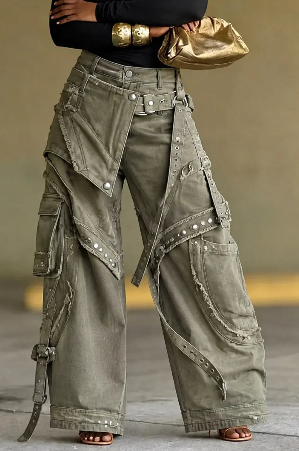 Patchwork Hardware Wide Leg Cargo Pants