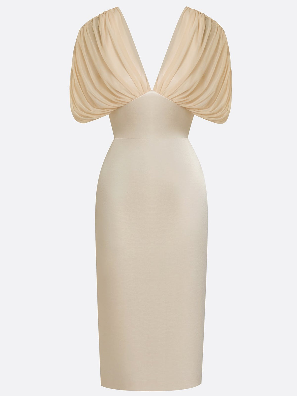 Champagne Ruched Satin V Neck Short Sleeve Raglan Sleeves Sheath Midi Dress