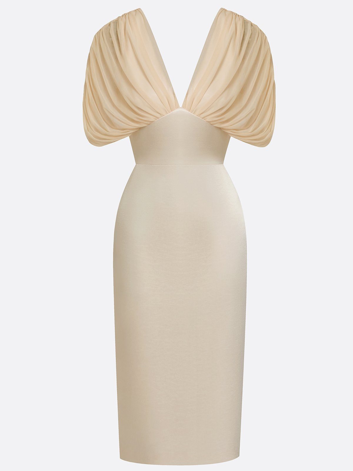 Champagne Ruched Satin V Neck Short Sleeve Raglan Sleeves Sheath Midi Dress