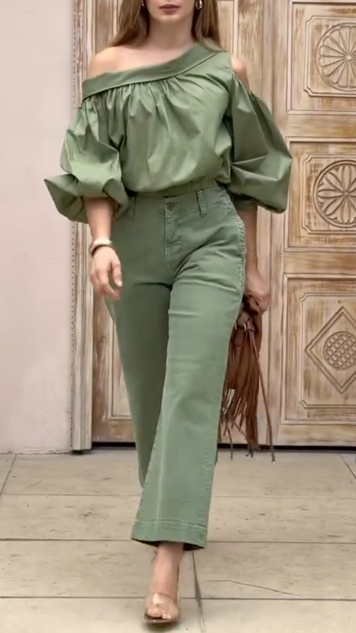 Off-Shoulder Crop Top & Wide Leg Pants Co-Ord Set