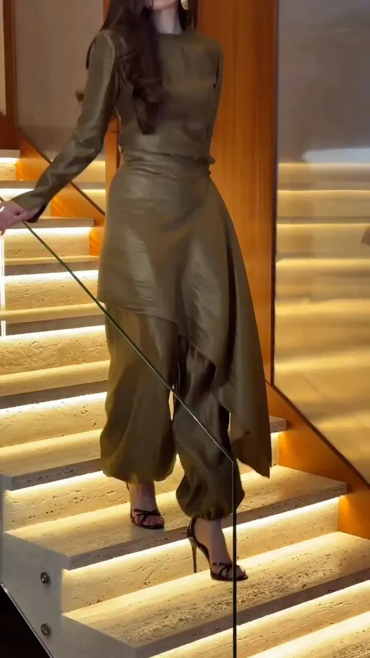 Satin High Neck Long Sleeve Top & Asymmetrical Overlay Balloon Pant Two Piece Set