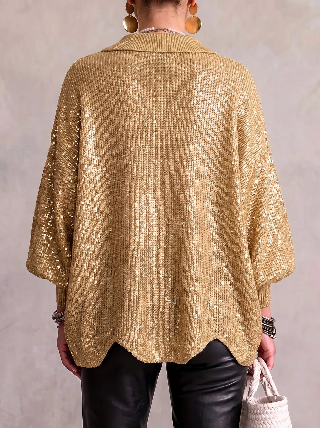 Oversized Collared Knit Cardigan With Large Metal Buttons