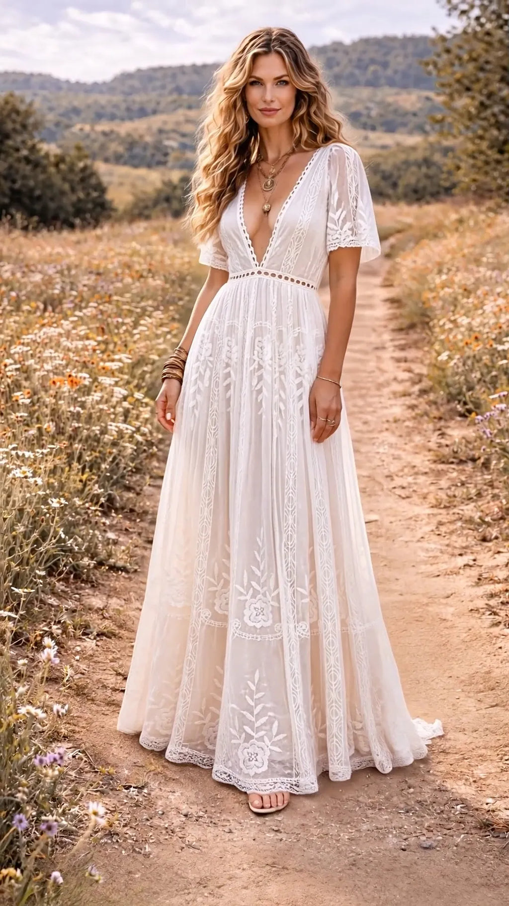 Lace Deep V-Neck Short Sleeve High Waist A-Line Maxi Dress