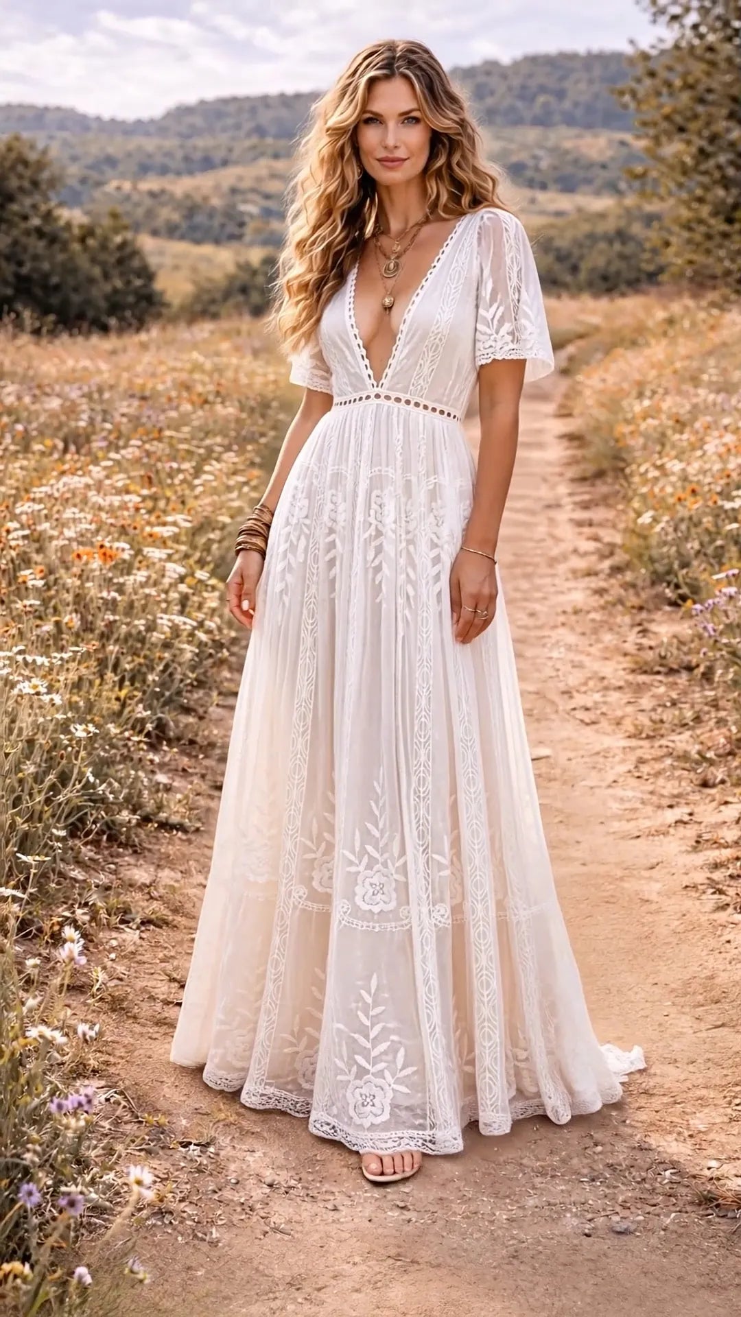 Lace Deep V-Neck Short Sleeve High Waist A-Line Maxi Dress