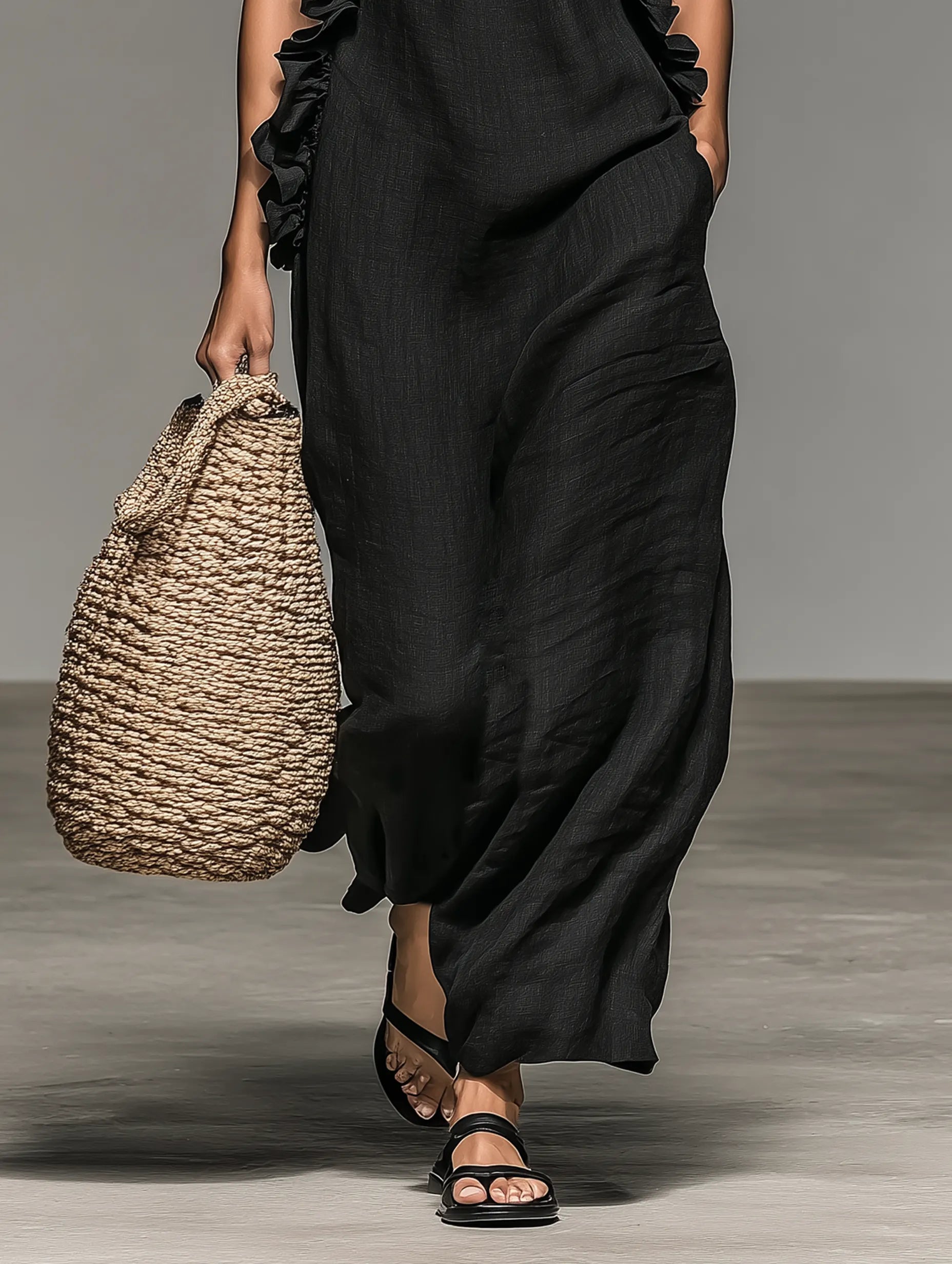 Women's Minimalist Linen-blend Sleeveless Maxi Dress With Ruffle Details MDZ1622A0Y
