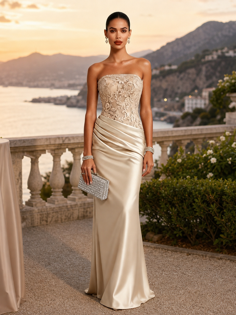 Champagne Lace Jacquard Satin Strapless Sleeveless Mermaid Gown Dress
