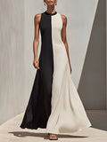Women's Black & Ivory Color-Block Linen-Blend Maxi Dress With High Neck Sleeveless Cut & Flowy A-Line Skirt, Minimalist Elegant Evening Dress MDZ1609F5LYL