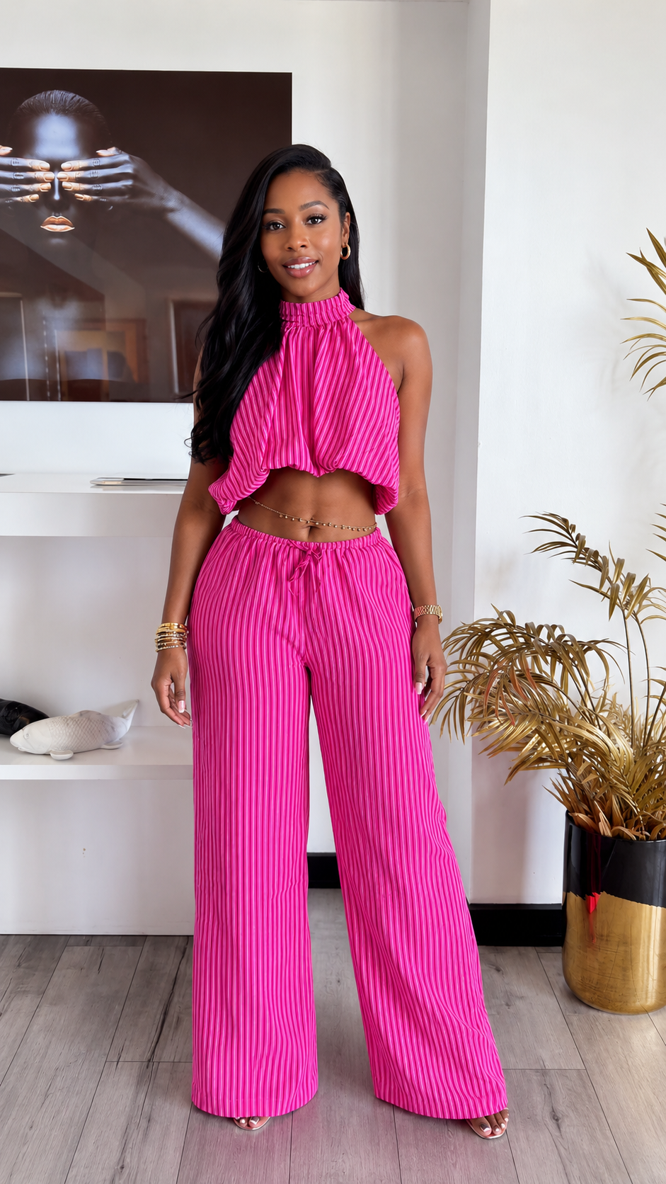 Hot Pink Striped Halter Top & Wide‑Leg Pants Set