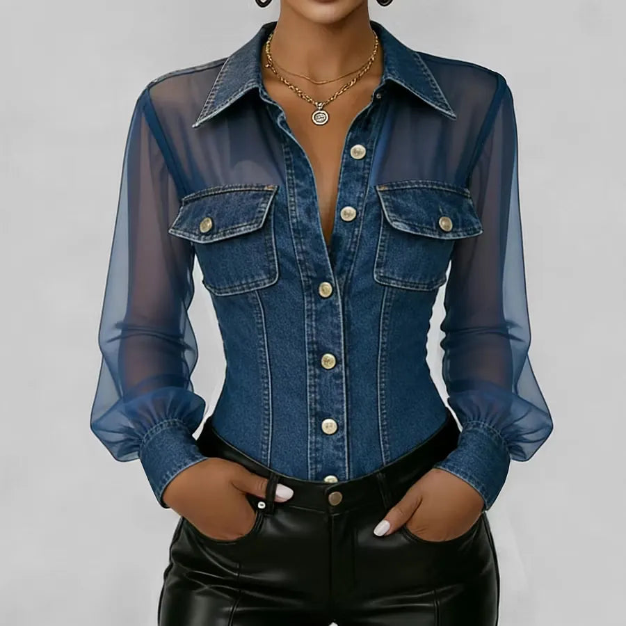Denim Mesh Sleeve Corset Shirt Bodysuit