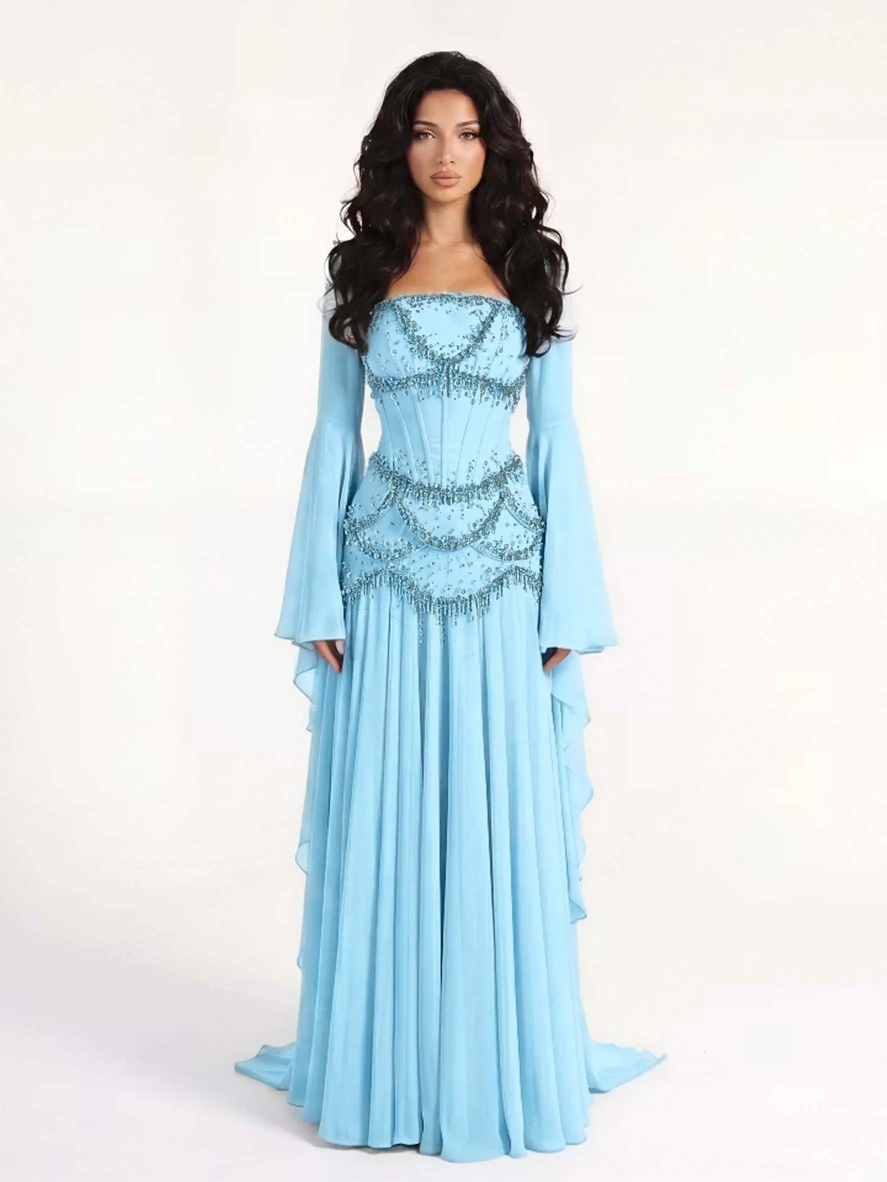 Cocoslly Strapless Sleeveless High Waist Long Prom Dress With Rhinstone | Dusty Sage Chiffon LX0090