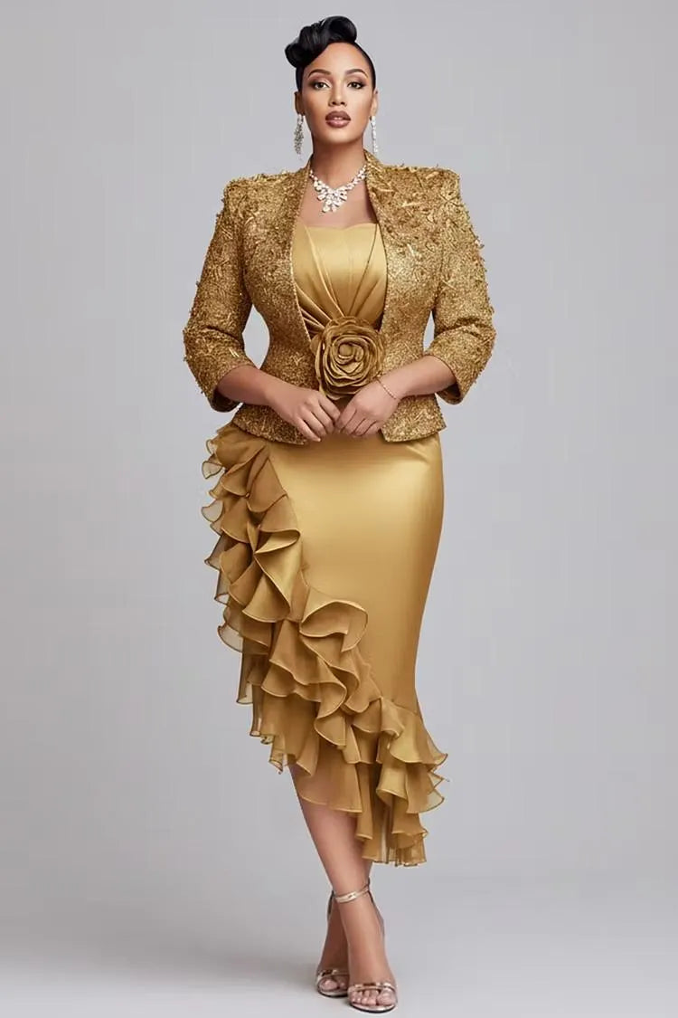 Gold Glitter Jacket And Ruffle Satin Midi Dress Set