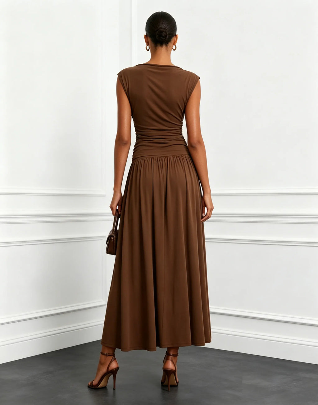 Brown Ruched Knit Boat Neck Cap Sleeve A-Line Maxi Dress