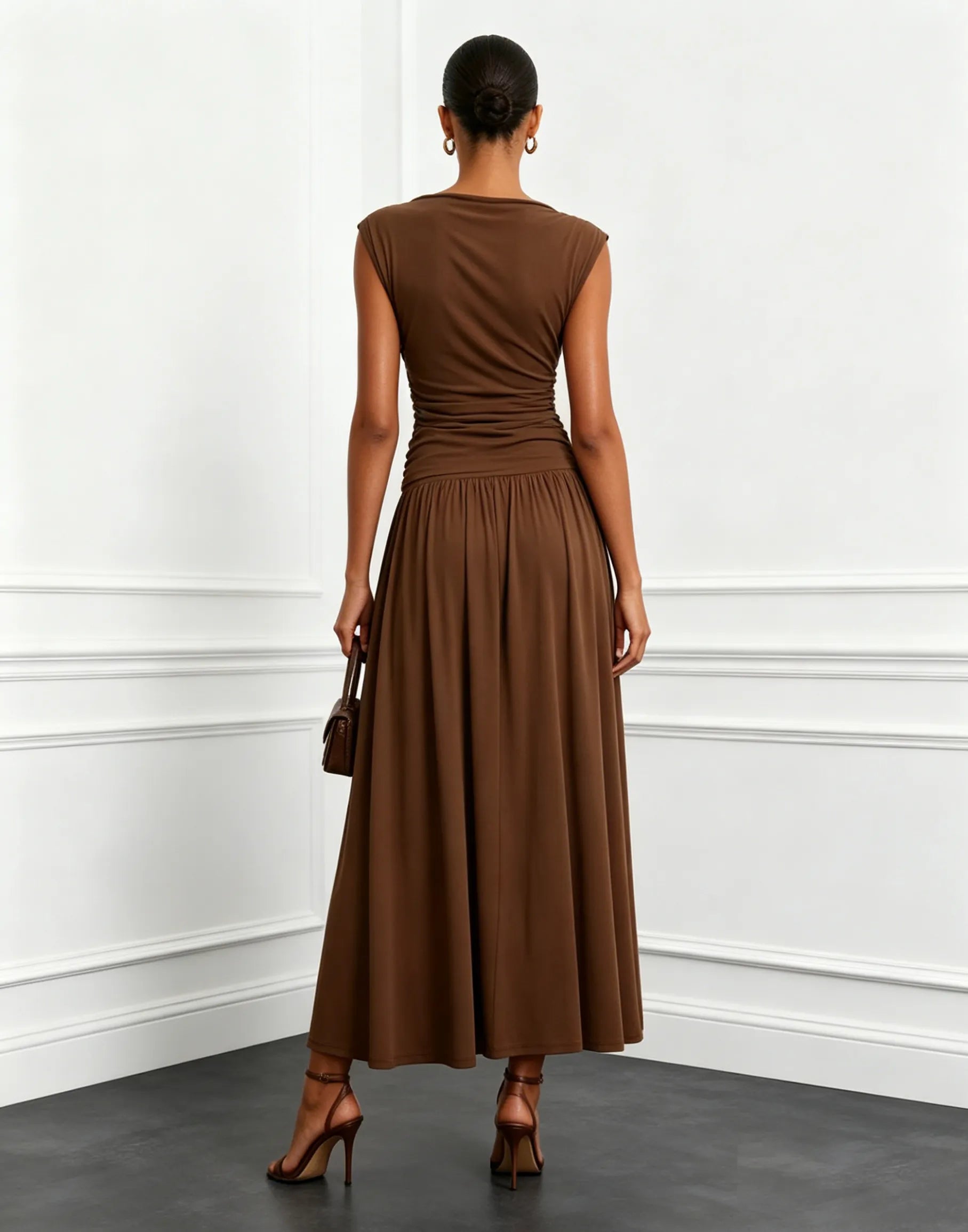 Brown Ruched Knit Boat Neck Cap Sleeve A-Line Maxi Dress