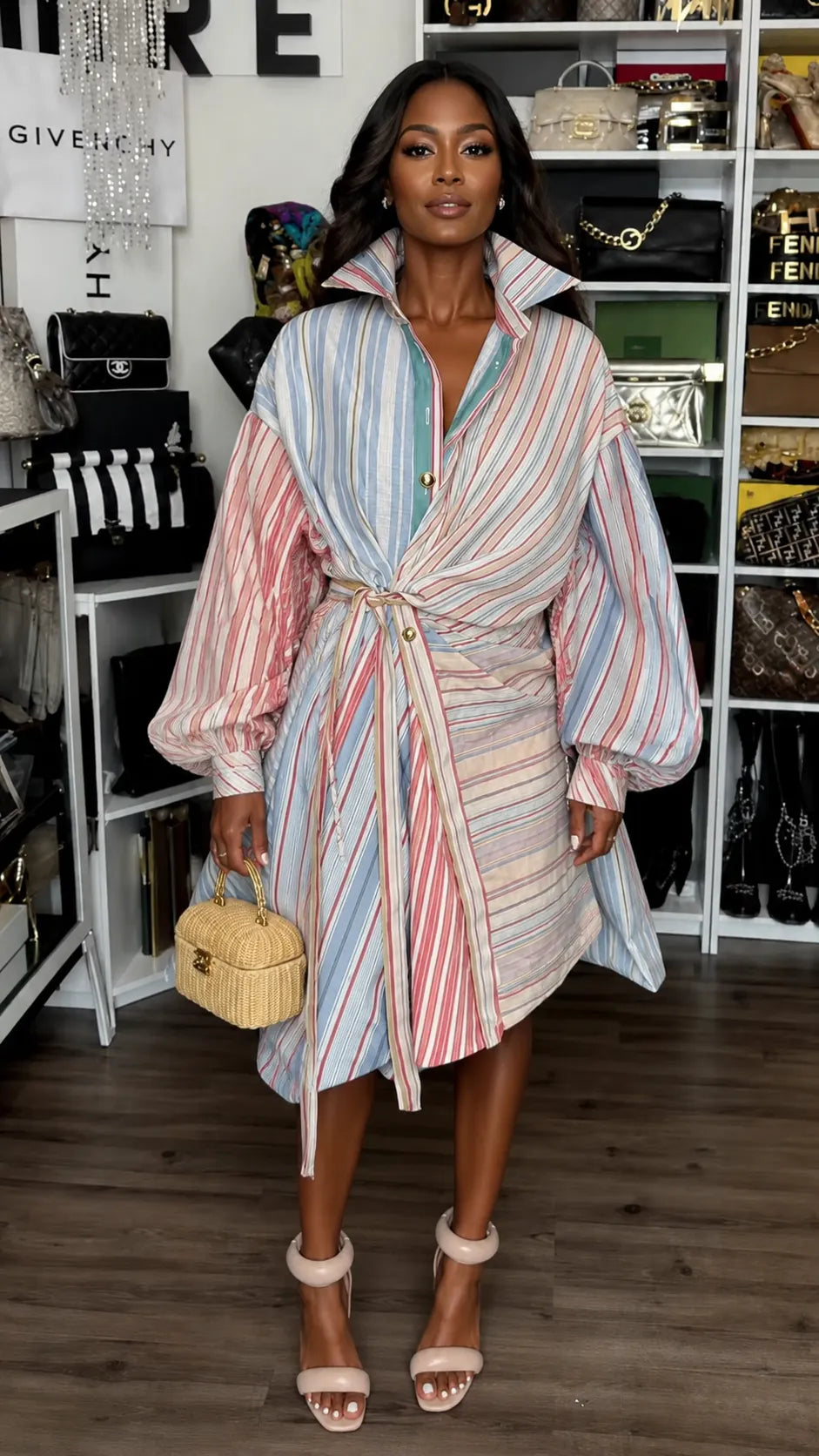 Multicolor Striped Wrap Shirt Mini Dress