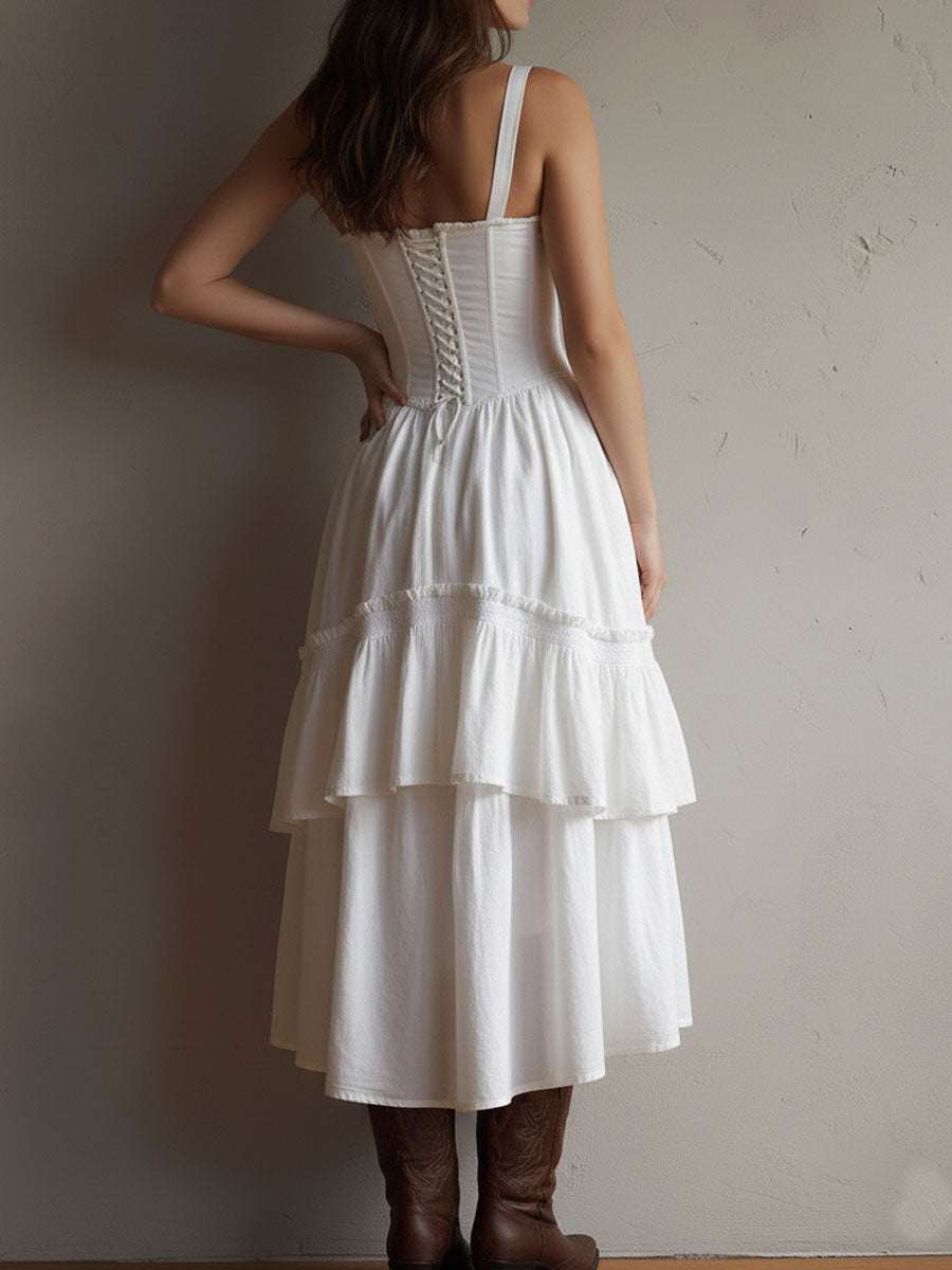 Retro Boho Corset Tiered Midi Dress With Lace-Trim