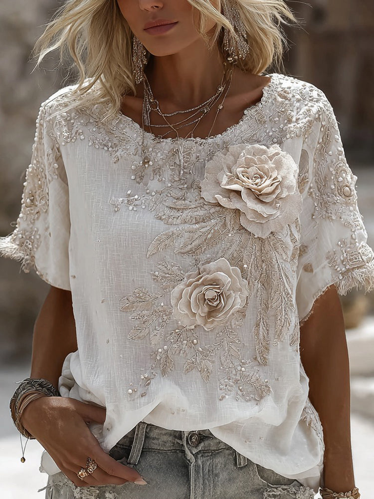 Vintage Rose Embroidery Art Round Neck Short Sleeve Linen Blend T-shirt