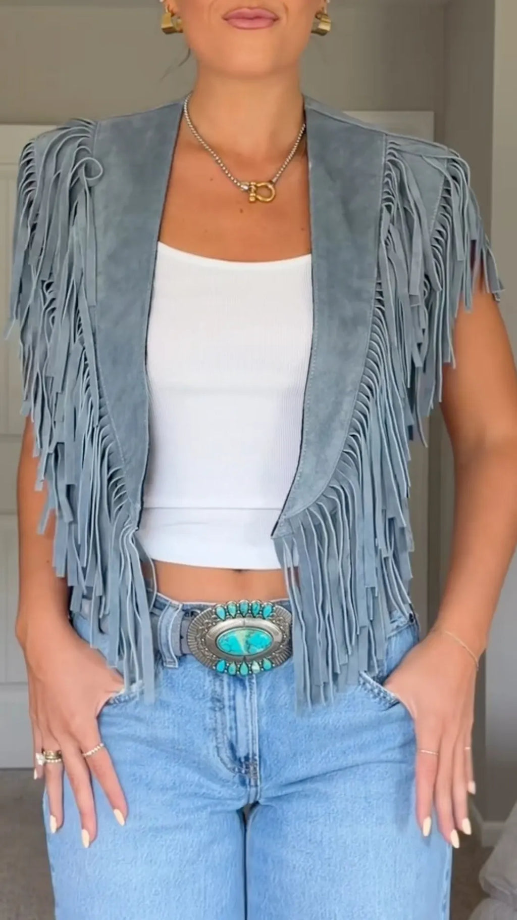 Blue Suede Fringe Sleeveless Vest